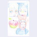 Colored pencil illustration of 3 girls, with animated expressions and an apple, in a collage style.
