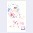 Color pencil illustration of a girl, seen up close with fancy makeup and her mouth covered by a flower.