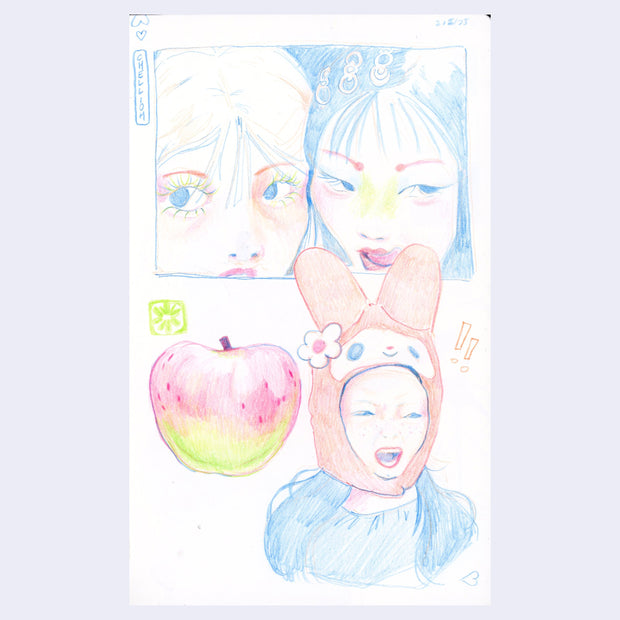 Colored pencil illustration of 3 girls, with animated expressions and an apple, in a collage style.