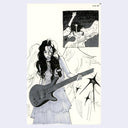 Ink and marker illustration of a girl with long black hair and angel wings, playing guitar.