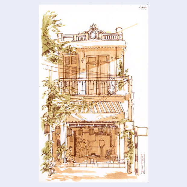 Marker and ink illustration of an outdoor, 2 story store or cafe with trees around it