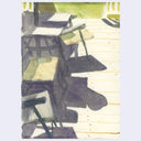 An abstract watercolor painting depicting stacked tables and chairs with strong shadows on a light background, rendered in shades of dark purple, green, beige, and black.