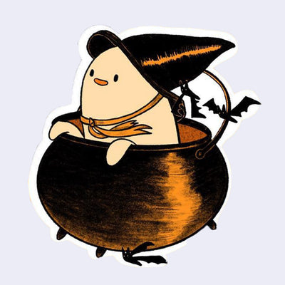 Die cut sticker of a ghost riding in a cauldron with a witch's hat.