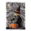 Colored pencil illustration of a green witch character cradling a black cat, lowering it down into a pumpkin with a blanket inside.