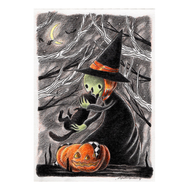Colored pencil illustration of a green witch character cradling a black cat, lowering it down into a pumpkin with a blanket inside.