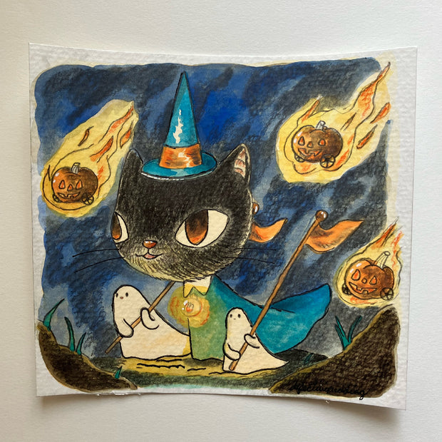Colored pencil illustration of a cartoon cat dressed as a witch, walking with 2 ghosts with flaming jack o lantern cars overhead.