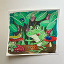 Illustration of a cartoon frog with a small witch hat atop its head, in the middle of a forest clearing reaching out to a slug on a mushroom.