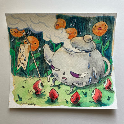 Illustration of a cartoon tea kettle, letting out lots of steam and sitting on the ground in front of an audience of one eyed red seed creatures.