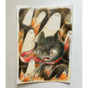 Illustration of a black cartoon cat with a scared expression, with many ghosts floating behind it.