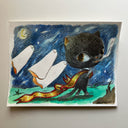 Illustration of a cartoon black cat walking with 3 ghosts following behind.