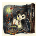 Colored pencil illustration of a black and white owl, with a witches hat, stirring a bubbling cauldron while perched in a a tree under moonlight.