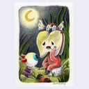 Illustration of a cartoon tooth character, with a bandaged up head (the tooth) and its body a bundle of nerves. It looks distressed with a candy sitting atop its head, a sad eyeball character looks on.