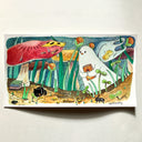 Colorful illustration of a ghost and mushrooms on a white background