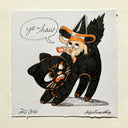 Cartoon of a black cat with a cartoon candy corn in a witch hat, on a textured beige background.