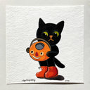 Illustration of a black cat holding a Halloween pumpkin on textured white paper.