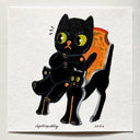 Illustration of a black cat sitting in a wooden chair, shaped like 2 black cats.