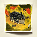 Illustration of a hedgehog with a hat in a colorful garden setting