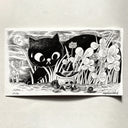 Black and white illustration of a cat in a garden with flowers and a small pumpkin wearing a witch hat.