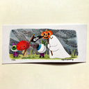 Illustration of a parade of Halloween themed characters - a ghost, 2 small eyeball characters and a orange head character.