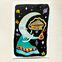 Colorful illustration of a crescent moon character holding a sandwich, with a floating streak of mayonnaise coming out from it.