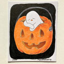 Cartoon ghost inside a jack-o'-lantern on a beige background