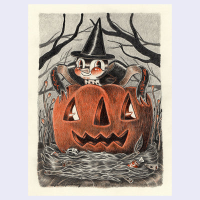 Illustration of a small black bird with cartoon features and a black witch's hat, sitting atop of a jack o lantern. Below is a nest made of twigs and random objects. A small ribbon comes out the top, reading "just right" on different sides.