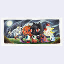 Illustration of a black cat, jack-o'-lantern, and other Halloween-themed characters walking in a line making up a parade on a white background.