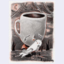 Illustration of a coffee cup with a sad, crying face and a body. It holds a ghost in its arms, set against a moonlit sky.