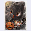 Illustration of a black cat with orange eyes near a jack-o'-lantern on a Halloween-themed background.