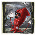 Colored pencil illlustration of a red squid with ghost puppets on its tentacles and a witch's hat on its forehead.