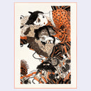 Illustration in mostly browns and muted oranges of a woman wearing a kimono, laying on sheets and holding a hairy monster in her arms.