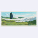 Illustration of a large flying object over a landscape with green fields and mountains.