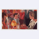 Painting of a film still from Goodfellas of a group of men sitting at a table in a mostly red restaurant. 