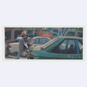 Painting of a film still from Heat of a man firing an assault rifle in the street behind a car with bullet holes in it.