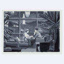 Greyscale painting of a film still of 2 people sitting across from one another at a table with very large windows nearby and plants.