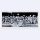 Greyscale painting of a film still from La Dolce Vita of many people gathered around 4 people kneeling on the ground.