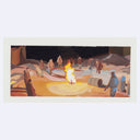 Artistic depiction of a group of people gathered around a bonfire in a desert-like setting.