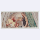 Painting from a film still of 3 men gathered around looking down, one reads a tiny red book and the other holds a shotgun, pointed down.