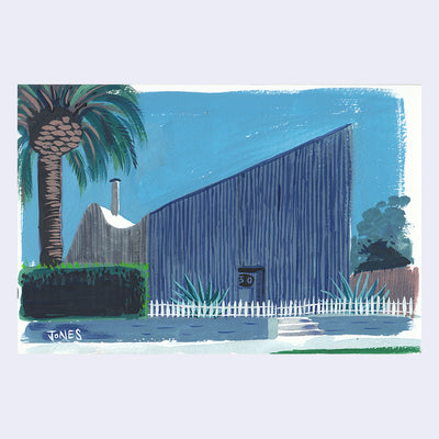 Plein air painting of a slanted roof building without any windows and only a single door. A large palm tree and a hedge stands next to a short white fence.