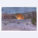 A watercolor landscape painting of a canyon at dusk or dawn, with a glowing orange opening in the center, purple and blue watercolor washes across the foreground, and a white border around the artwork.