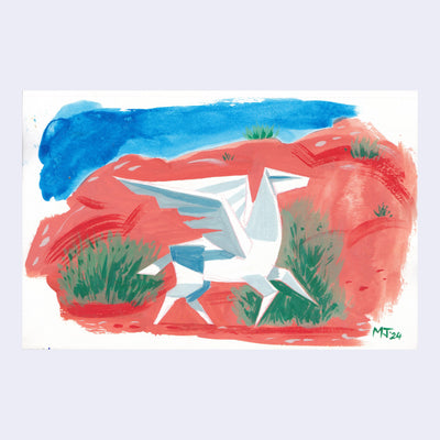 Plein air painting of a white pegasus sculpture against bright red mountains with desert bushes.