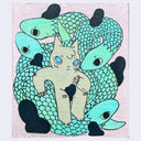 Painting of a brown cat sitting in a pile of large snakes, with black shadow shapes coming out.