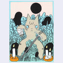 Illustration of a cat character with a bandaged hand holding a thin sword and laying in plants, with candles at either side of its feet.