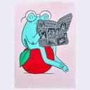 Illustration of a blue frog reading a book on top of an apple against a pink background