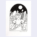 Black and white illustration of a cartoon cat half submerged in a pool with tiny gourd shaped figures in the water.