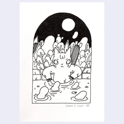 Black and white illustration of a cartoon cat half submerged in a pool with tiny gourd shaped figures in the water.