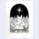 Illustration of a cat-like creature reading a book in a field with a star above, on a white background.