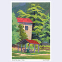A landscape painting of a park featuring a stone building with a red roof, a picnic shelter with a red roof, lush green trees, and a grassy field. The artwork is presented with a white border on a light gray background.