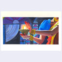 Painting of a film still from Devdas of a woman holding up a lit vessel.