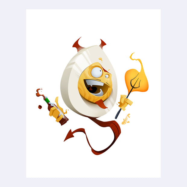 Smooth, graphic quality illustration of a deviled egg with a silly, expressive open mouth face and devil horns and a devil tail. It holds a bottle of open hot sauce and a flaming pitchfork.